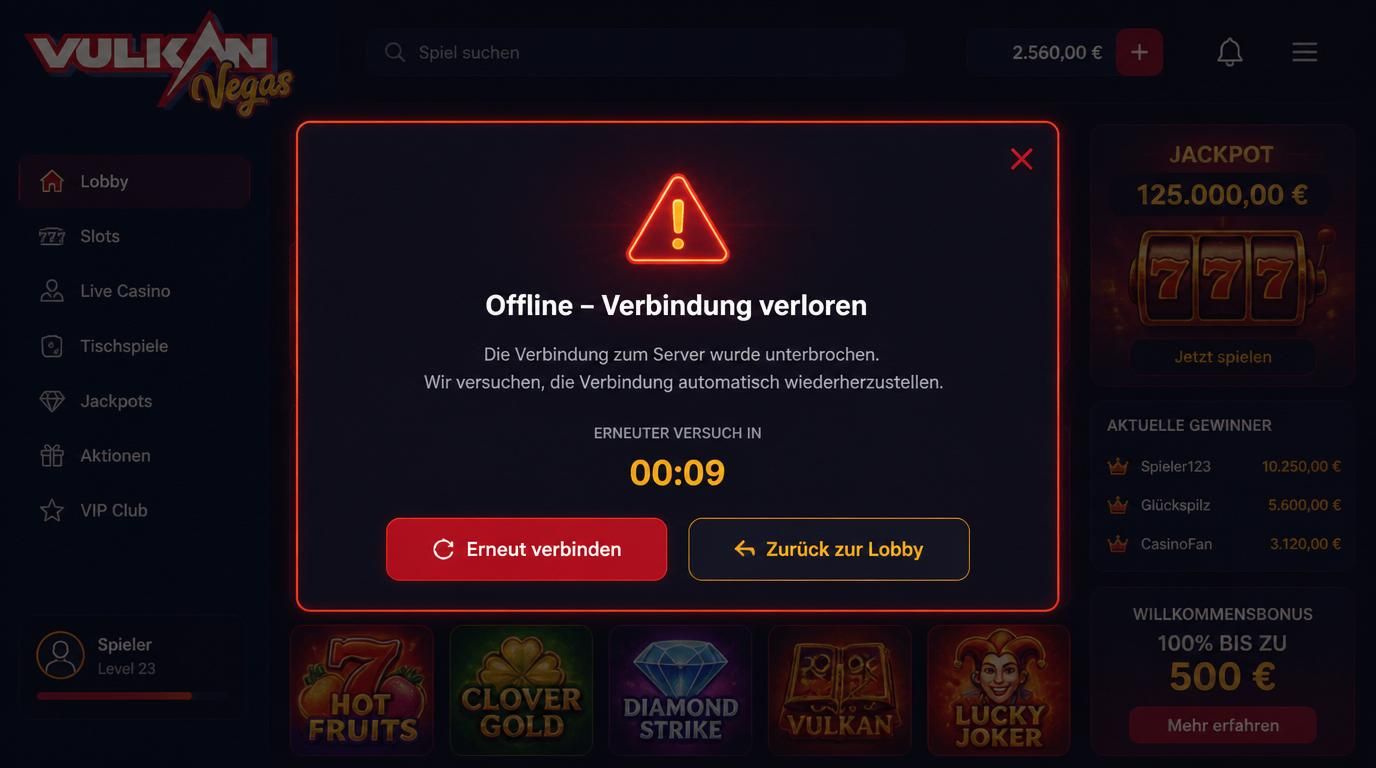 Freundliche Fehleranimation, die Orientierung bewahrt auch bei Verbindungsproblemen.